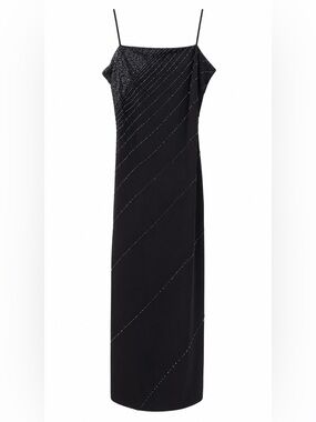 De-Laru Sheila Yen black spaghetti strap gown silver beaded diagonal stripes